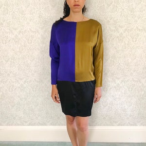 Vintage Silk Minidress Colorblock Mod Minimal 80s Color Block Mini Dress Long Sleeve Dolman Shirt Dress