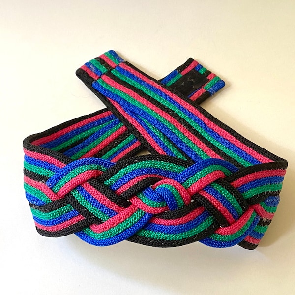 Vintage Braided Colorblock Belt | Woven 80s Belt | Thick Adjustable Waistband | Vtg 1980s Color Block Accessory