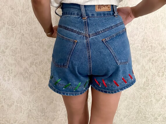 Vtg Ribbon Jean Shorts | Embellished Extra High W… - image 5