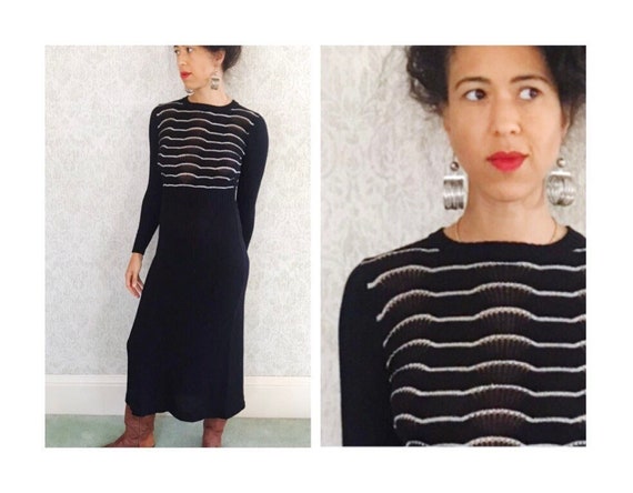 Vintage Knit Sweater Dress | 70s Black & Silver M… - image 3