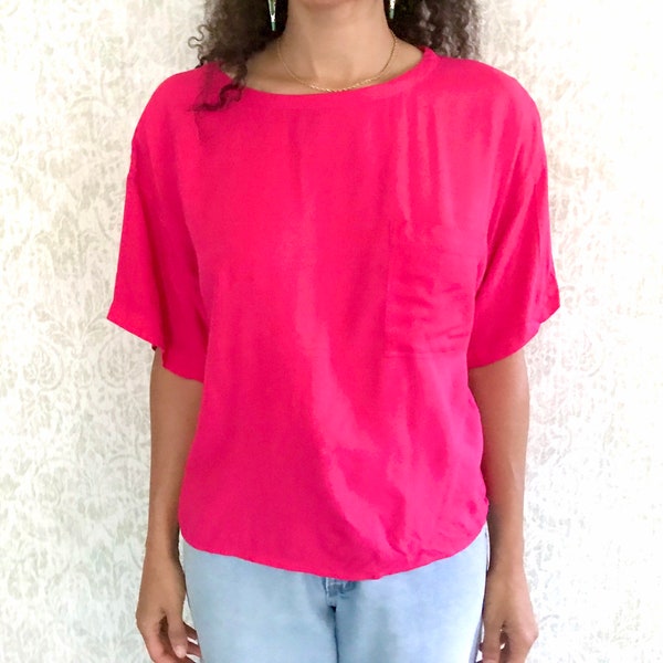 Vintage Hot Pink Blouse | Vtg Boxy Pull Over Top | Short Sleeve Shirt | 80s Baggy IN STYLE Sz Large