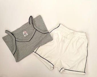 90s Vintage Tank & Shorts Set: High Waist Cotton Blend Athletic Wear
