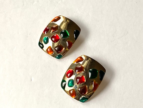 Vtg 2 Pair Jewel Tone Earrings | Gaudy Gold Vinta… - image 2