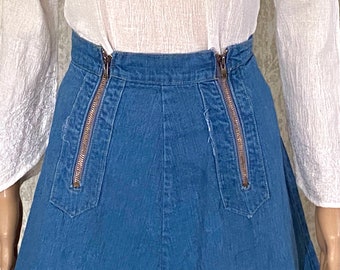 RARE Double Zipper Jean A-Line Skirt | Vintage Distressed Denim Mini |  Vtg 70s Bottoms