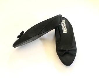 Vintage Satin Ballet Flats | Black Bow Slip On Wedge Shoes 80s Size 8 Slipper | INTRIGUE by Daniel Green