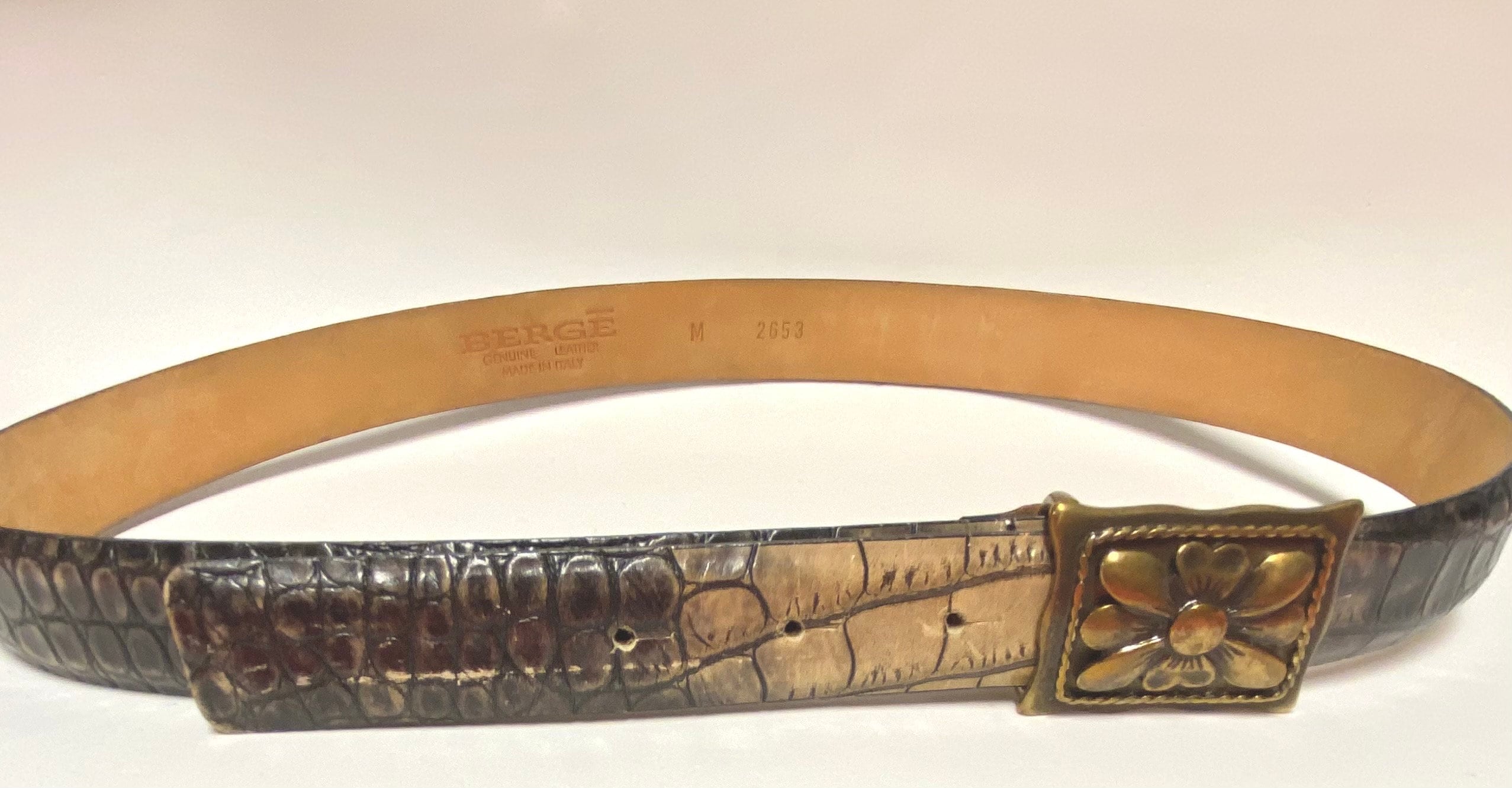 Berge Vintage Croc Print Leather Belt Vintage BERGÉ Leather Belt: Crocodile Print, Brass Flower  main image 4