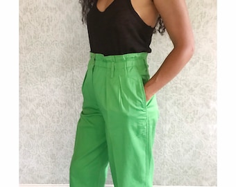 Vintage 80s Lime Green Cotton High Waisted Trousers - Size 6