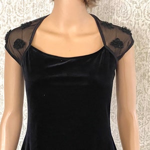 Vtg Little Black Velvet Dress | 90s Y2K Bodycon Stretch Minidress | Sheer Sexy Back Skater Mini | Cocktail Party Dress