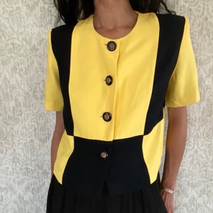 Vintage Yellow Blazer Top | 80&#39;s Checker Print Light Coat | Vtg Short Sleeve Blouse | Yellow Cab