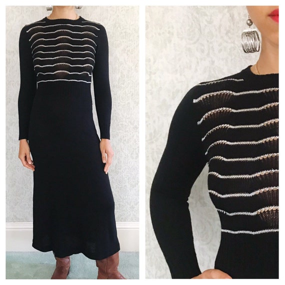 Vintage Knit Sweater Dress | 70s Black & Silver M… - image 10