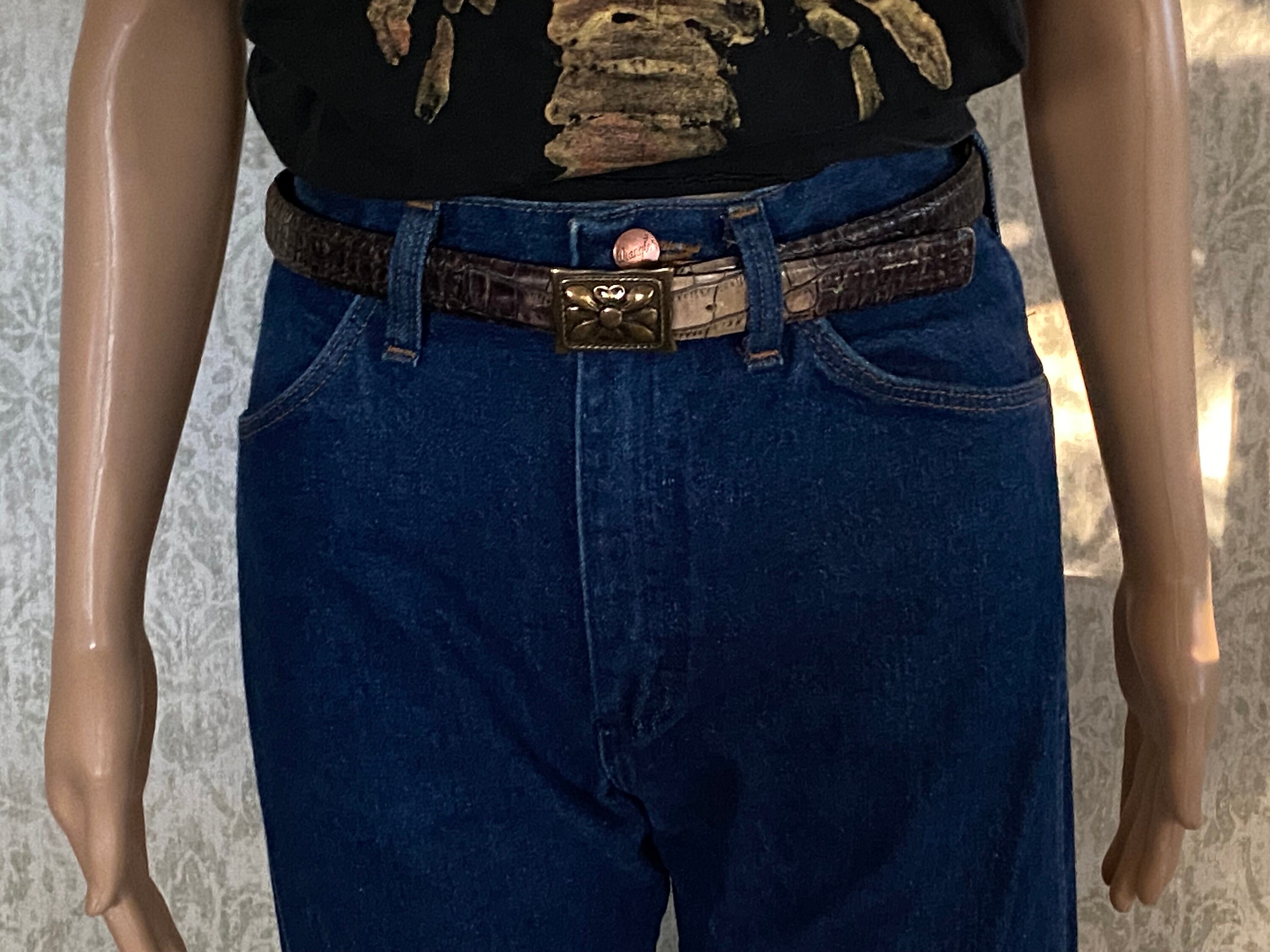 Vintage BERGÉ Leather Belt: Crocodile Print, Brass Flower 