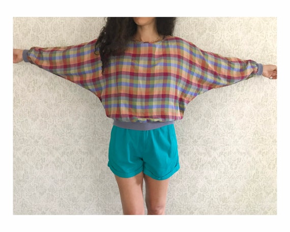 Vintage Silk Blouse Check Plaid Dolman Sleeve Top… - image 2