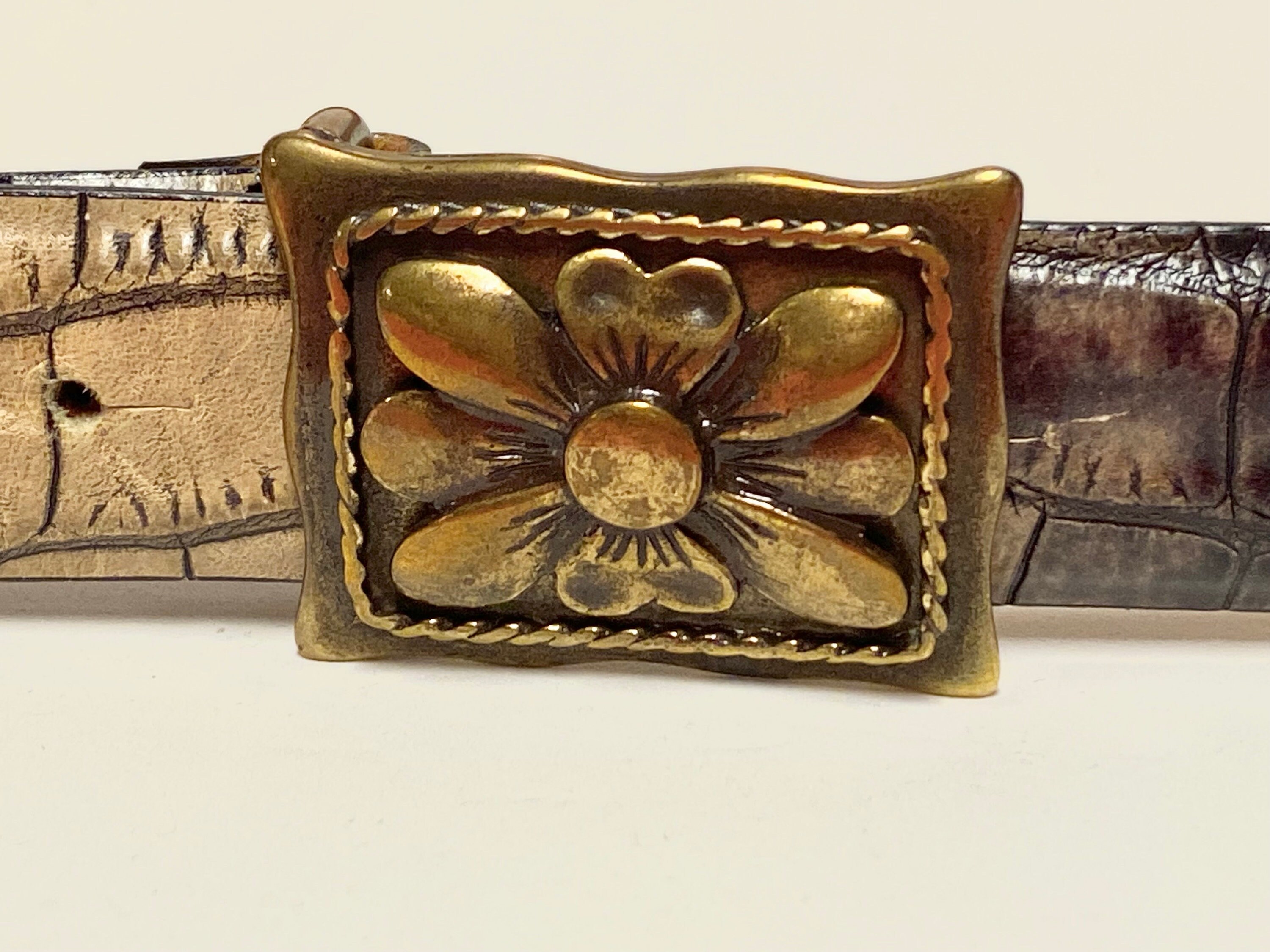 Vintage BERGÉ Leather Belt: Crocodile Print, Brass Flower  display picture 1