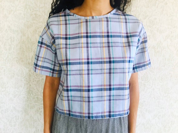 Vintage Plaid Blouse 80s Preppy Pull Over Short S… - image 1