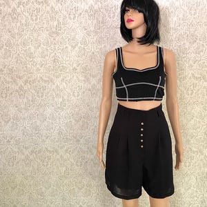 Vtg Extra High Waisted Short | Vintage Black Skirted Shorts |  80s 90s Bottoms 29&quot; Waist