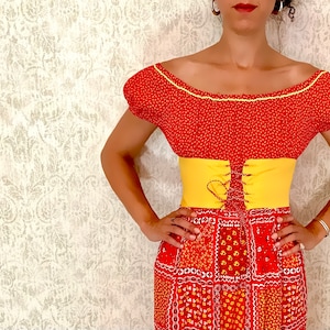 60s Vintage Prairie Dress: Red Handkerchief Patchwork Gown