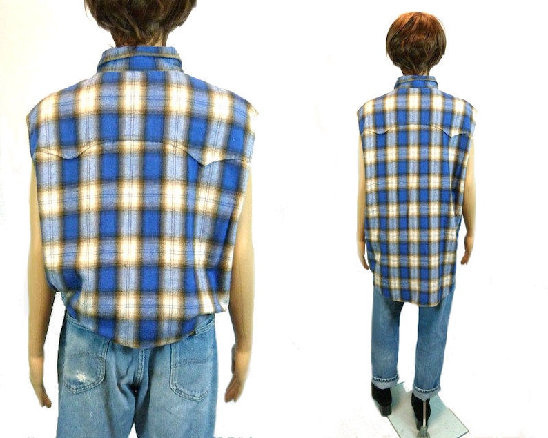 Vintage GUESS Shirt 90s Grunge Sleeveless Top Unisex Flannel Plaid Button Down Oversize Revival 1990 100 /% Cotton Festival Clothing Cut Off