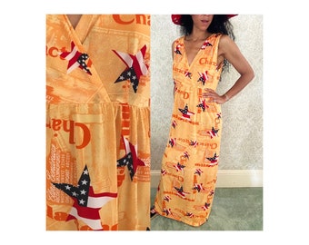 Vintage Novelty Print Dress | Floor Length Maxi | Stars & Stripes Patriotic Gown | 70s Italian Vtg