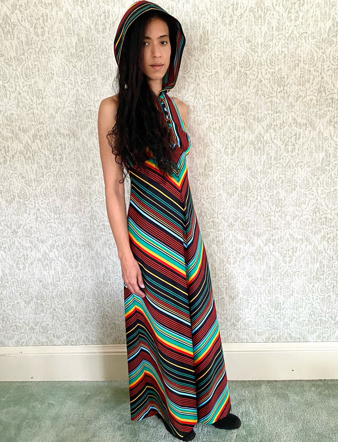 Rainbow Razorback Vtg Hooded Dress | 60s 70s Hippie Disco Maxi | Vintage Rainbow Chevron ...