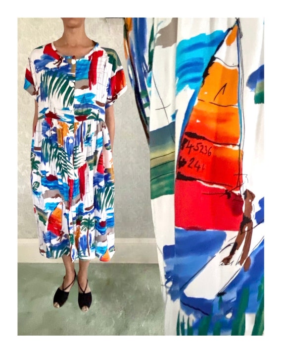 Vtg Novelty Print Dress | 80 Nautical Beach Winds… - image 1