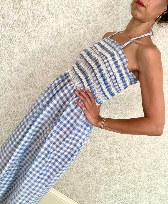 Vintage 70s Gingham Polka Dot Maxi Dress: Halter Lace Ruffle Bodice