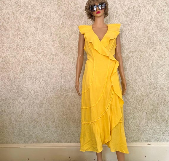 Vintage Yellow Cotton Wrap Dress: Ruffle Skirt Boho Maxi, Made in Mexico Sz L