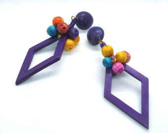 Vintage 80s Raffia Ball Earrings: Large Purple Wood Dangle Jewelry