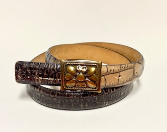 Vintage BERGÉ Leather Belt: Crocodile Print, Brass Flower Buckle, Size Med