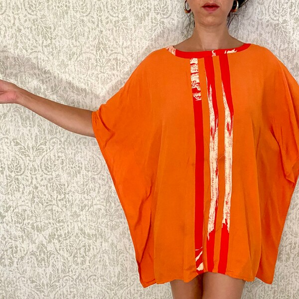 Vintage Orange Caftan Kaftan | One Size Beach Cover, Shirt, Tunic, Mini | Angel Wing Top, Blouse, Vtg RESORT WEAR