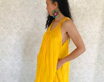 Vintage Crochet Dress | Vtg Yellow Crocheted Sundress | Tank Tent Dress | Artisan Festival Hippie Maxi