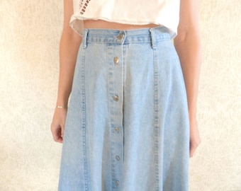 Vintage 80s Denim Midi Skirt: Button Down A-Line, 27" High Waist
