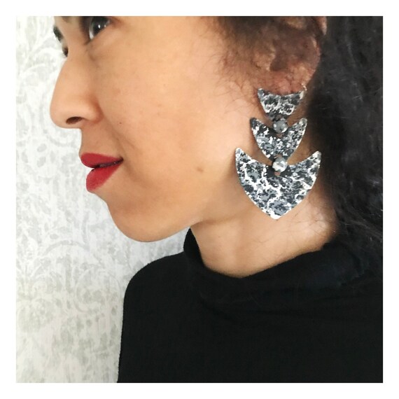 Vintage Marbled Dangle Earrings: 80s Geometric Ti… - image 4