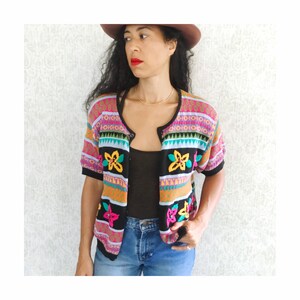 Vintage 90s Knit Cardigan: LIZWEAR Cotton Floral Embroidered Top (Size Med)