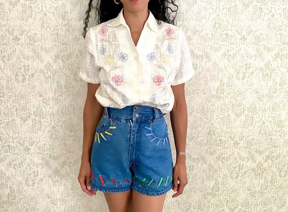 Vtg Ribbon Jean Shorts | Embellished Extra High W… - image 2