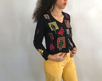 Vintage Embroidered Cardigan | MICHAEL SIMON lite | Novelty Leaf Print 90s Cotton Top | Long Sleeve