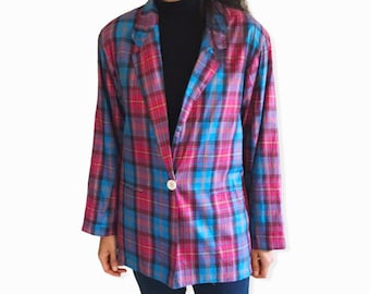 Vintage Plaid Cotton Blazer | Light Jacket Oversize Coat | 80s 90s Preppy Clothing