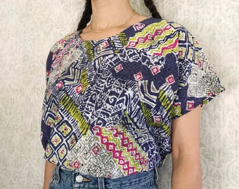 Vintage 80s Rayon Blouse: Abstract Geometric Print Top