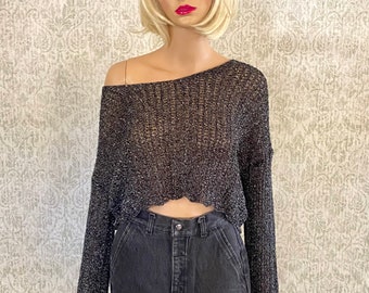 Vtg Slouchy Knit Sweater | Vintage Heathered Black Hand Knit Cropped Top | Boxy Minimalist Modern Boho Off Shoulder Oversize Blouse