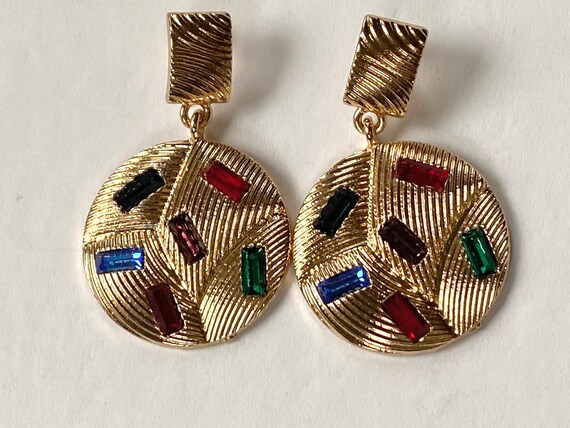 Vtg 2 Pair Jewel Tone Earrings | Gaudy Gold Vinta… - image 3