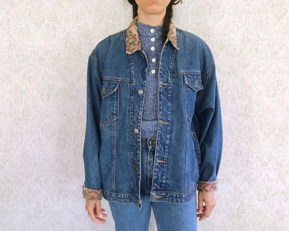 Vintage Jean Jacket 90s GAP Tapestry Trim Denim Coat Oversized