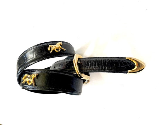 Vintage Horse Belt | Black Leather Brass Novelty … - image 1