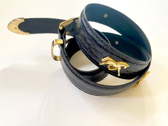 Vintage Horse Belt | Black Leather Brass Novelty … - image 7