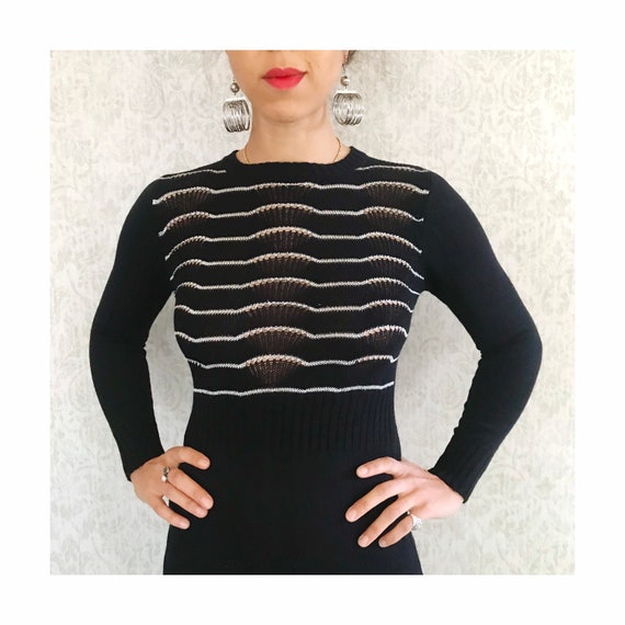 Vintage Knit Sweater Dress | 70s Black & Silver M… - image 1