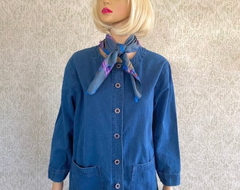 Vintage Denim Chore Coat Shirt | Collarless Button Down Jean Top | Cotton B BLAST Clothing Made in USA | Workwear Blouse Jacket