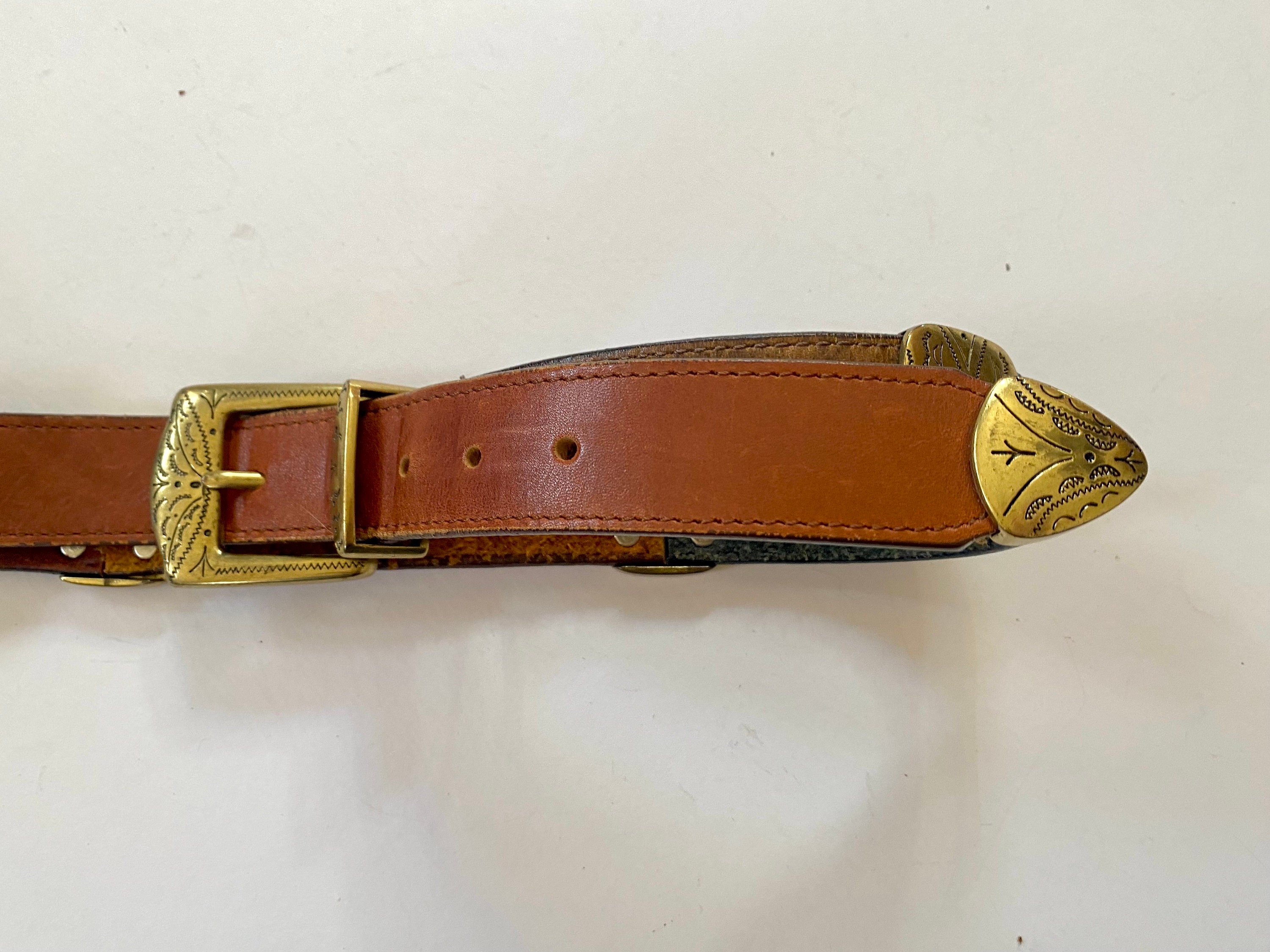 Vintage BRIGHTON Leather Belt: Colorblock Brass Butterfly 