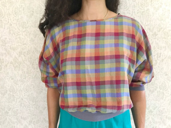 Vintage Silk Blouse Check Plaid Dolman Sleeve Top… - image 8