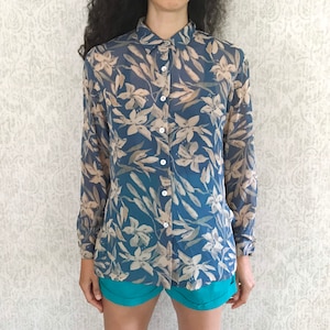 Vintage 100% Silk Blouse | Semi Sheer Floral Print | Collared Top 90s Y2K Shirt | Sz Petite Small