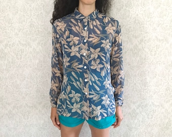 Vintage 100% Silk Blouse | Semi Sheer Floral Print | Collared Top 90s Y2K Shirt | Sz Petite Small
