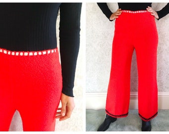 Vintage Knit Trousers | 60s Red Wide Leg Sweater Pants Boucle Fabric Bottoms | Vtg 1960's