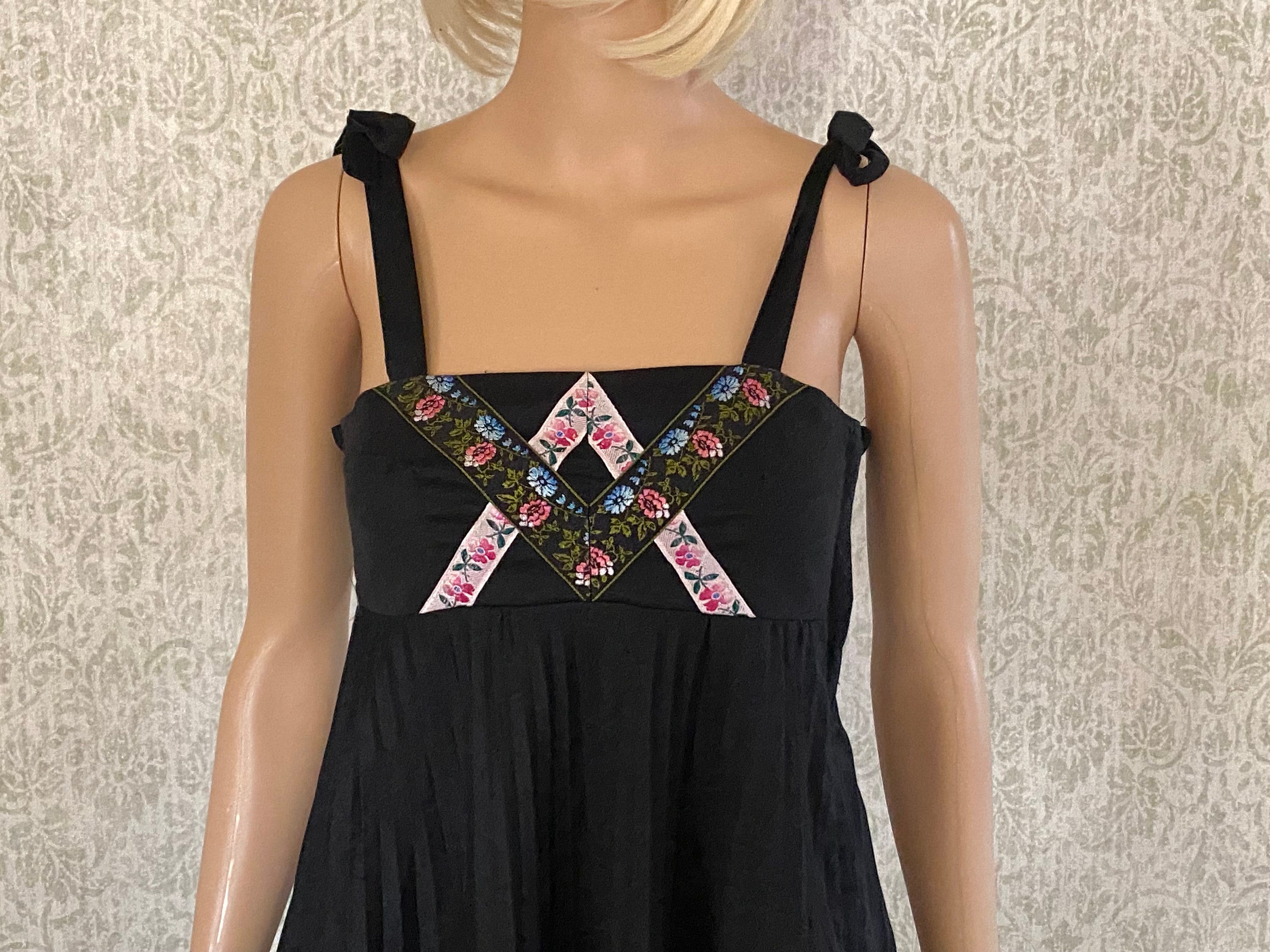 Vintage 70s Sundress: Young Edwardian Black Maxi Dress With Floral